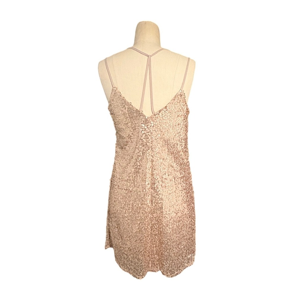Rose Gold Sequin V-Neck T-Back Mini Shift Dress Party Going Out Womens Small - Picture 3 of 7